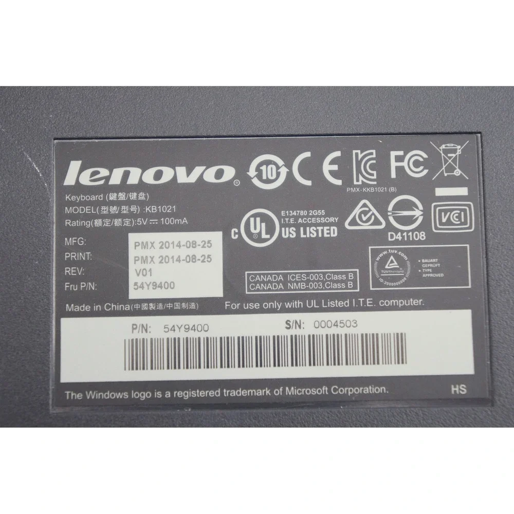 Lenovo Keyboard KB1021 PC Mac OS Black Wired USB 104-Key QWERTY‎ Good